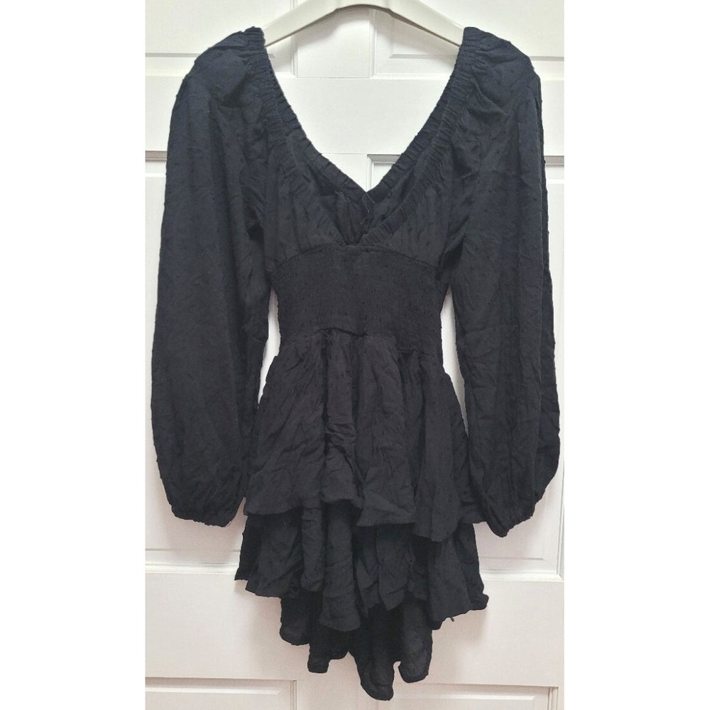 Princess Polly Off Shoulder Cut-out Back Tiered Swiss Dot Mini Dress -‎ Black 10